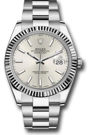 Replica Rolex Steel and White Gold Rolesor Datejust 41 Watch 126334 Fluted Bezel Silver Index Dial Oyster Bracelet